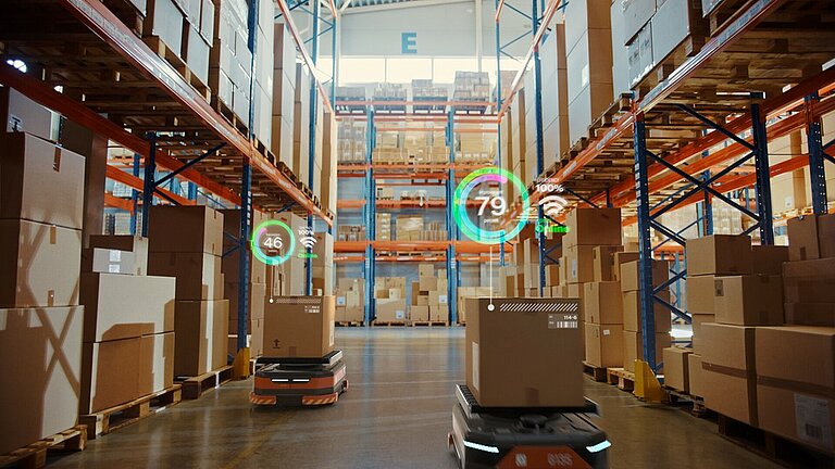 Automated robots transporting boxes in a high-tech smart warehouse with digital efficiency and tracking metrics overlaid.